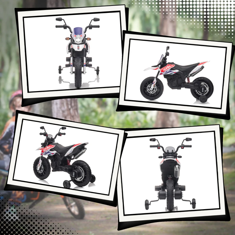 AIYAPLAY 12V kinder-motorfiets met steunwielen, LED-lichten, muziek, USB, elektrische motorfiets voor jongens en meisjes, wit
