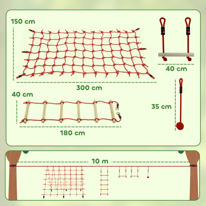 AIYAPLAY Ninja Line Kinder 10m Slackline Set mit Turnringe Schaukel Kletterleiter Kletternetz für 3-6 Jahre 1000x300x180 cm Rot