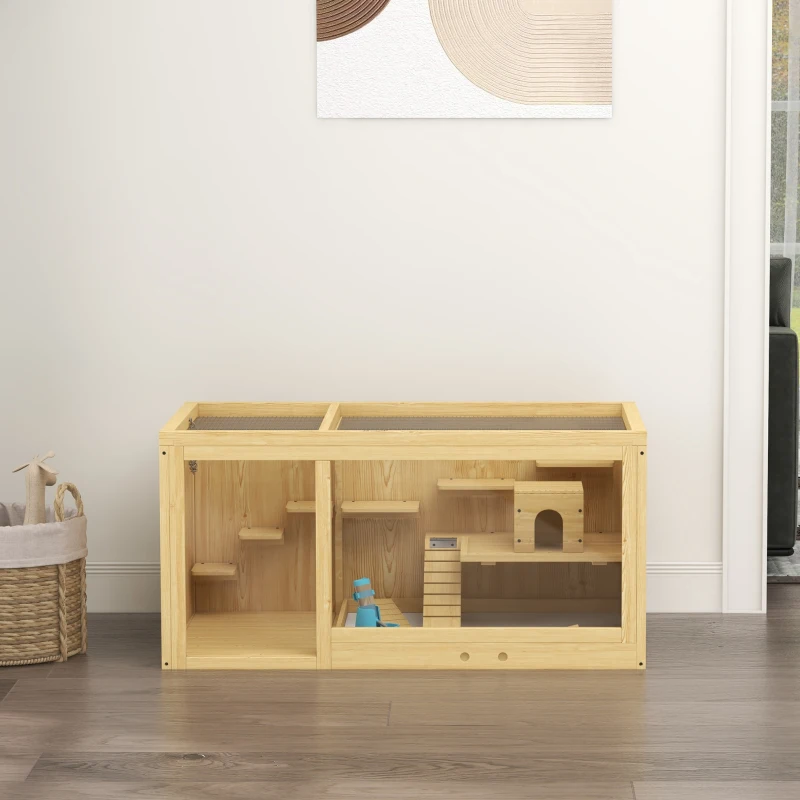 PawHut Knaagdierkooi, Sparrenhout, inclusief accessoires en drinkfles, 100 x 50 x 50 cm, Natuurlijk