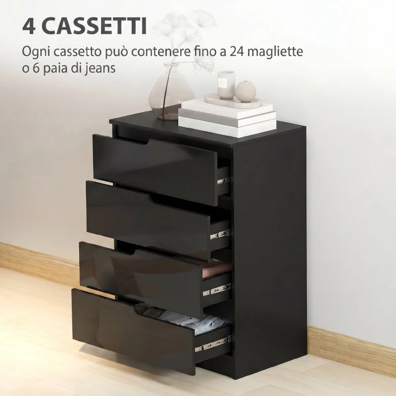 HOMCOM Cassettiera 4 Cassetti Moderna e Minimal in Legno, 60x40x85 cm, Nero Lucido