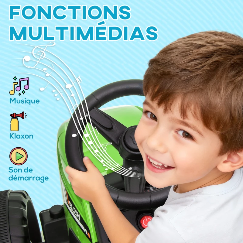 HOMCOM Tracteur électrique avec remorque amovible, pour enfants de 3 à 6 ans avec télécommande MP3 musique affichage lumières