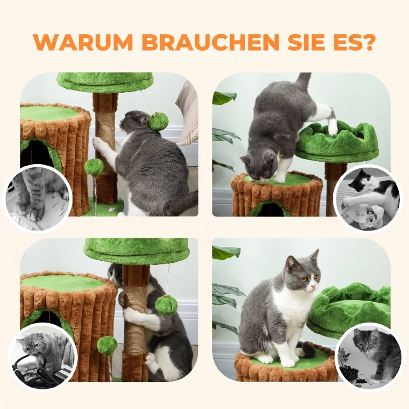 PawHut Kratzbaum 53 cm hoch Katzenbaum mit Höhle, Baumstamm-Design, Jutestämme, 2 Bälle  für 1-2 Katzen unter 5 kg, Braun+Grün