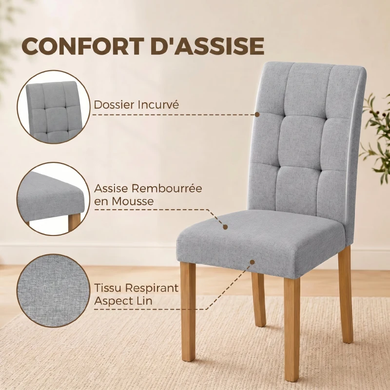 HOMCOM Lot de 2 chaises de salle à manger, chaise de cuisine moderne avec siège rembourré en tissu effet lin, gris clair