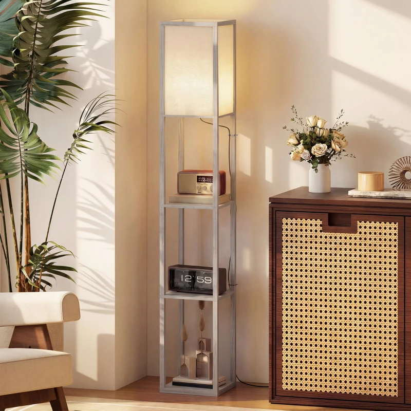 HOMCOM 3-Tier Floor Lamp with Shelves and Storage, Modern Corner Standing Lamp with Lampshade, Reading Light with Foot Switch for Living Room, Bedroom, Home Office, Bulb not Included, Oak