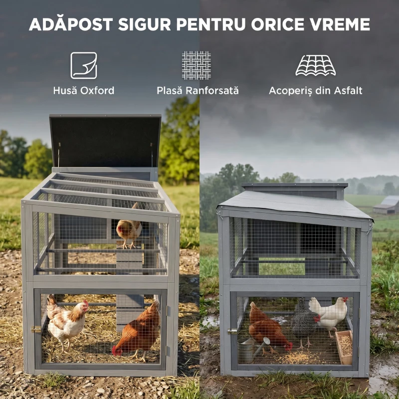 PawHut Cotet pentru găini Cotet pentru 3-4 găini cu țarc Cuibar Acoperiș din asfalt Husă Oxford Sertar glisant 264x82x89cm Gri