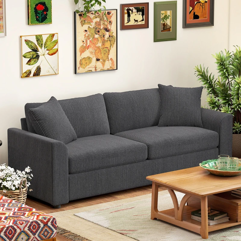 HOMCOM Canapé 3 places 212 cm avec 2 coussins à ressorts, tissu velours côtelé, pour salon, chambre, bureau à domicile, gris foncé