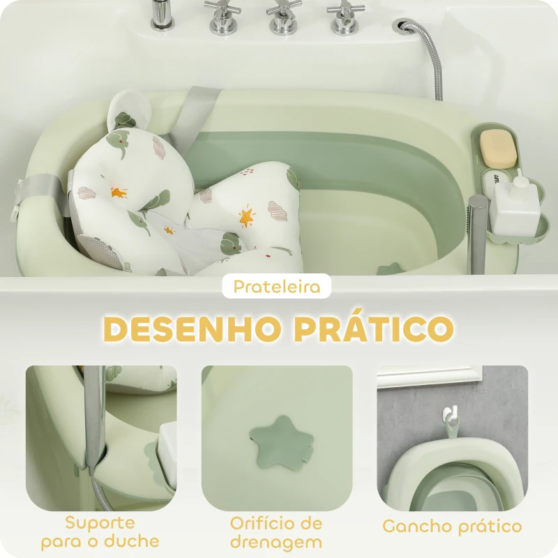 AIYAPLAY Banheira Dobrável Bebé com Almofada de Banho Suporte Orifício de Drenagem e de Chuveiro 86x53x25,5 cm Verde