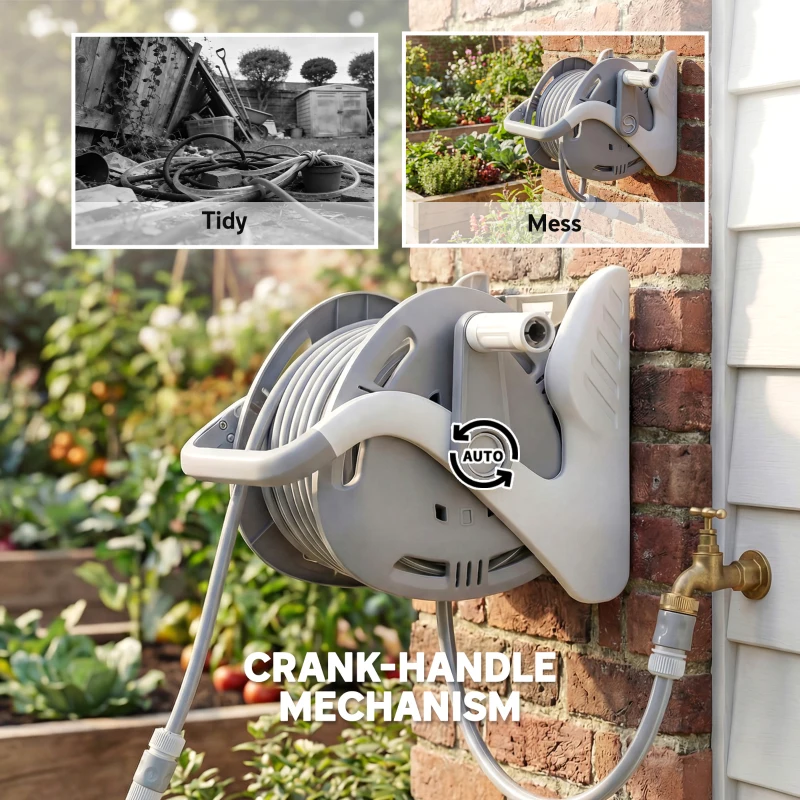 Outsunny Portable Garden Hose Reel, 20+2 m Wall Mounted Hose Reel with 2 Patterns Spray Nozzle and Crank Handle, Grey