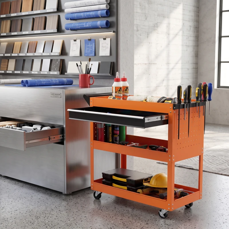 DURHAND Carrello Porta Attrezzi con Manico Laterale, Cassetto e 3 Ripiani in Acciaio, 82x35x76 cm, Arancione