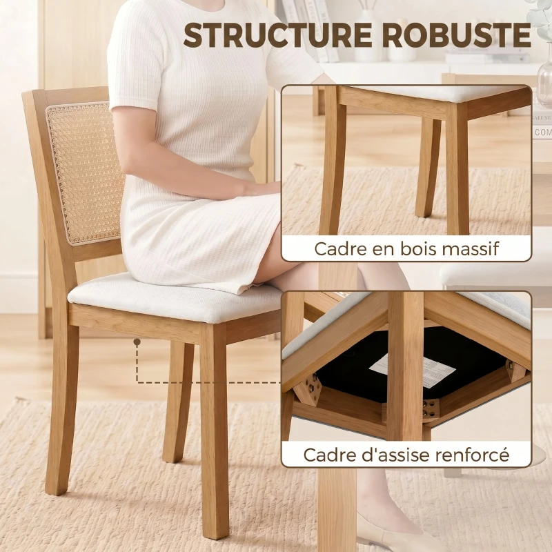 HOMCOM Lot de 2 chaises de salle à manger, chaises de cuisine avec assise rembourrée, dossier effet rotin, crème et chêne