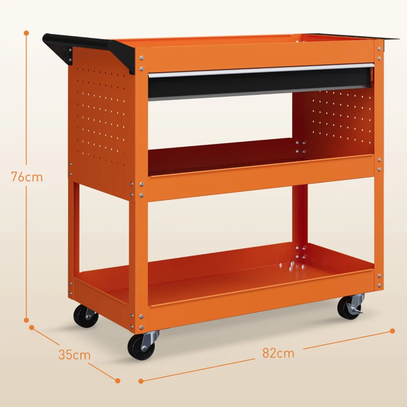 DURHAND Carrello Porta Attrezzi con Manico Laterale, Cassetto e 3 Ripiani in Acciaio, 82x35x76 cm, Arancione