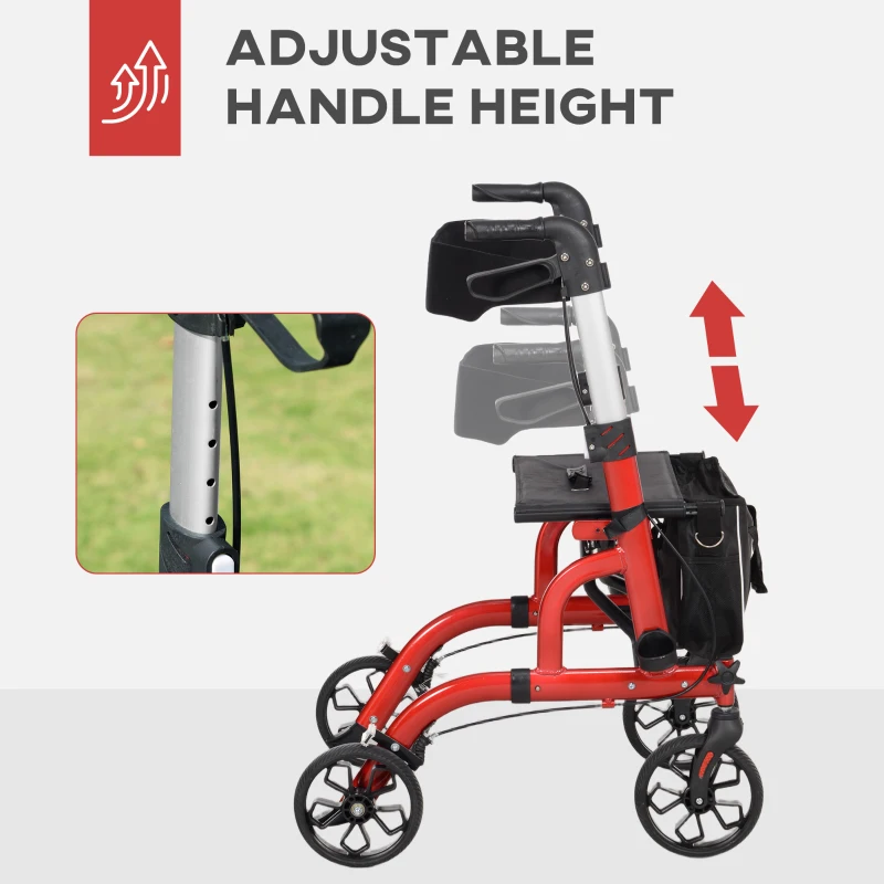 HOMCOM Lightweight Walking Frame, Folding Rollator Walker with Seat and Backrest, Red