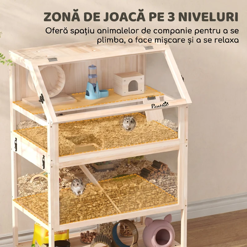 PawHut Cușcă pentru hamster din lemn 3 etaje Cușcă pentru rozătoare cu podea detașabilă Raft Roată Balansoar Rampă Căsuță 80x53x117cm Lemn natural