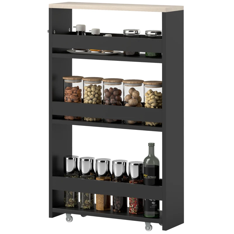 kleankin Carrito Auxiliar con Ruedas de 3 Niveles Carrito de Cocina Estrecho con 3 Estantes Tablero y Asa 48x15x80 cm Negro