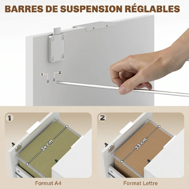 HOMCOM Caisson de bureau, meuble de rangement 2 tiroirs 2 barres pour dossier suspendu, verrouillable avec 2 clés 42x40x60 cm