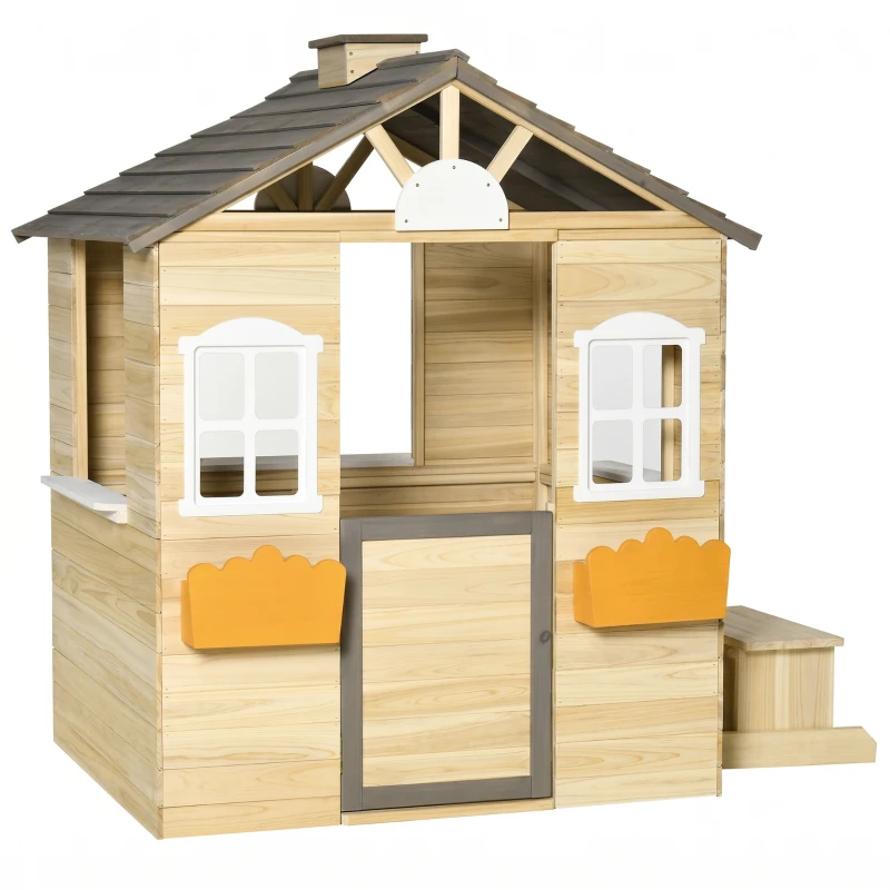 Outsunny Căsuță pentru copii 3-7 ani cu 2 ferestre, suport pentru ghivece și bancă, din lemn de brad și PP, 113Lx94x134.5 cm(m-15)
