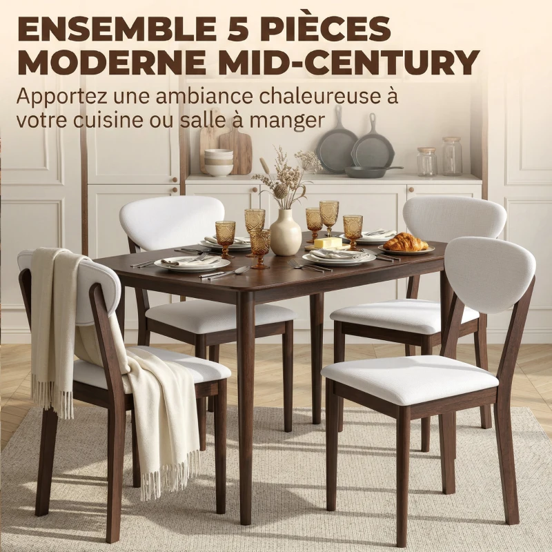 HOMCOM Ensemble table salle à manger avec 4 chaises, table de cuisine avec chaises pour 4 personnes, assise rembourrée, crème