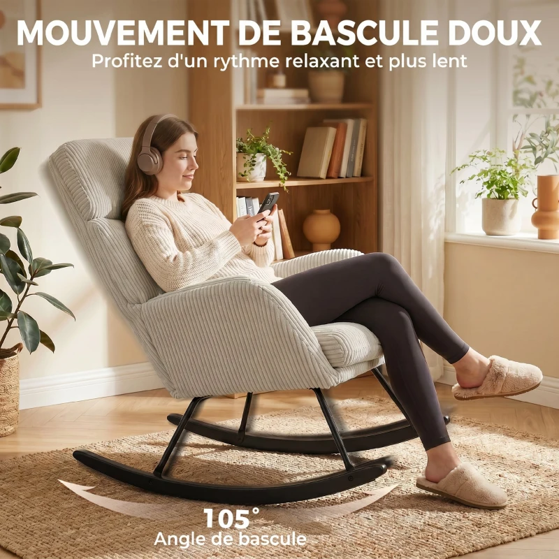 HOMCOM Fauteuil à Bascule, Rocking Chair en Velours Côtelé avec Dossier Haut et Accoudoirs, Pieds en Bois d'hévéa, Beige
