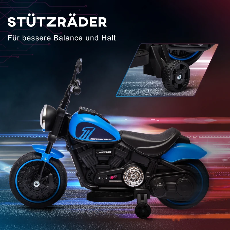 HOMCOM Elektrische kindermotorfiets, met koplamp, 3 km/u, Blauw + Zwart