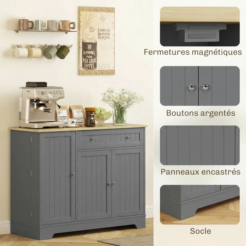 HOMCOM Buffet cuisine, meuble de rangement avec 3 portes, tiroir, étagères de porte et étagère réglable, 105x40x83cm, gris