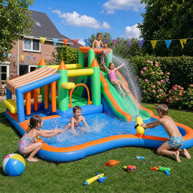 AIYAPLAY Springkasteel voor Kinderen, met Waterglijbaan, Pierenbad, Klimmuur, voor Binnen en Buiten, 416 x 370 x 195 cm, Kleurrijk