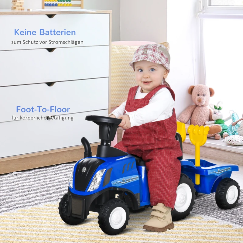 HOMCOM kinderloopauto NEW HOLLAND loopauto kinderauto kinderauto oldtimer loophulp met claxon kunststof metaal blauw 91 x 29 x 44 cm