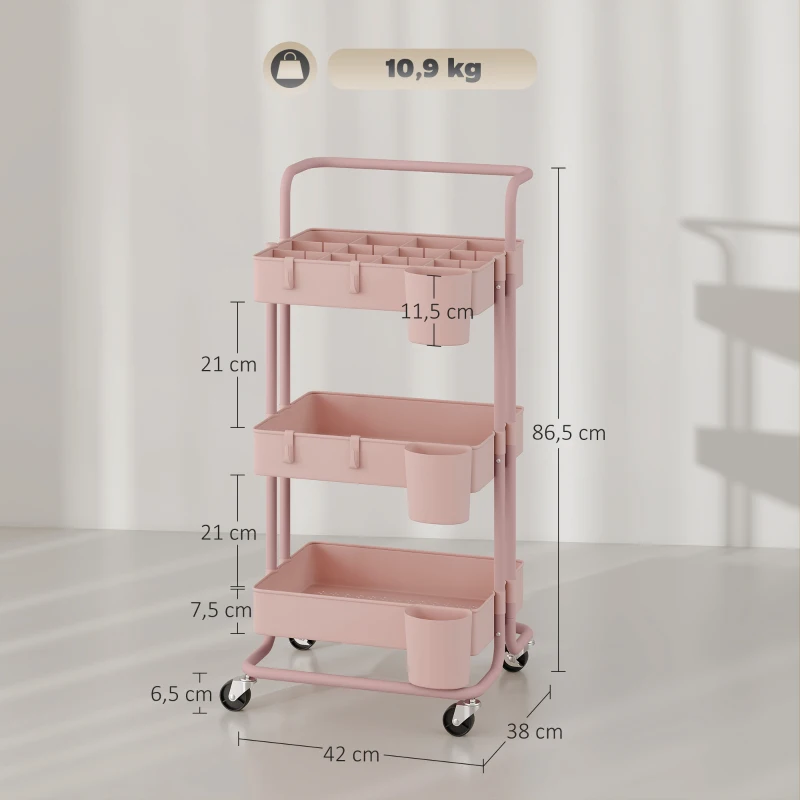 HOMCOM Chariot à 3 niveaux desserte avec 4 crochets et 3 boîtes suspendues amovibles pour 42 x 38 x 86,5 cm rose