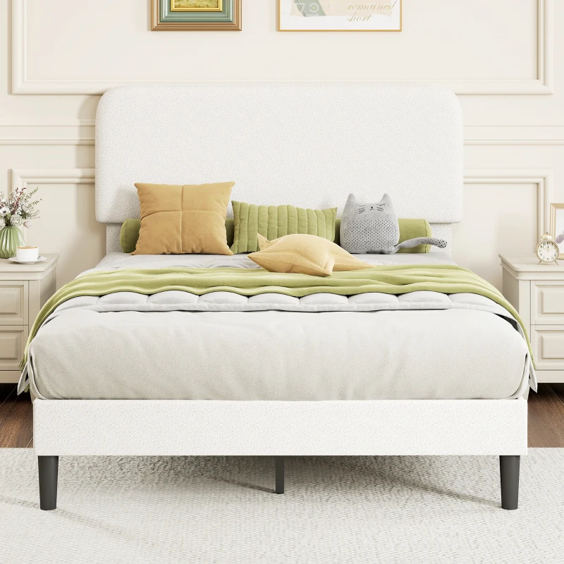 HOMCOM Estructura de Cama Doble con Cabecero Ajustable en Altura Tapizada en Borreguito Listones de Soporte Blanco