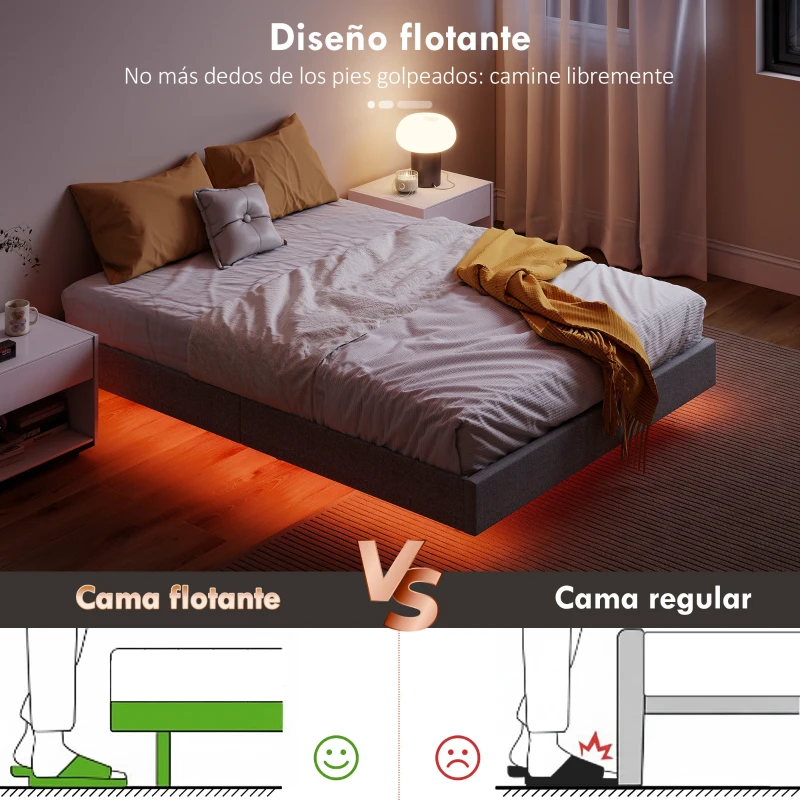 HOMCOM Somier 140x190 cm con Luces LED Estructura de Cama Tapizado en Lino Láminas de Madera Fácil de Montar Gris