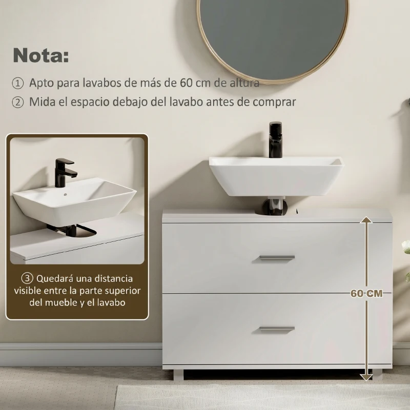 HOMCOM Mueble Bajo Lavabo con 2 Cajones Estilo Moderno para Lavabo sin Pedestal 80x30x60 cm Blanco