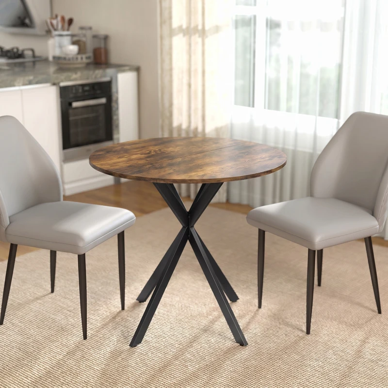 HOMCOM Table à Manger Ronde pour 2 Personnes avec Plateau Aspect Bois et Piètement Croisé en Acier, Brun Rustique