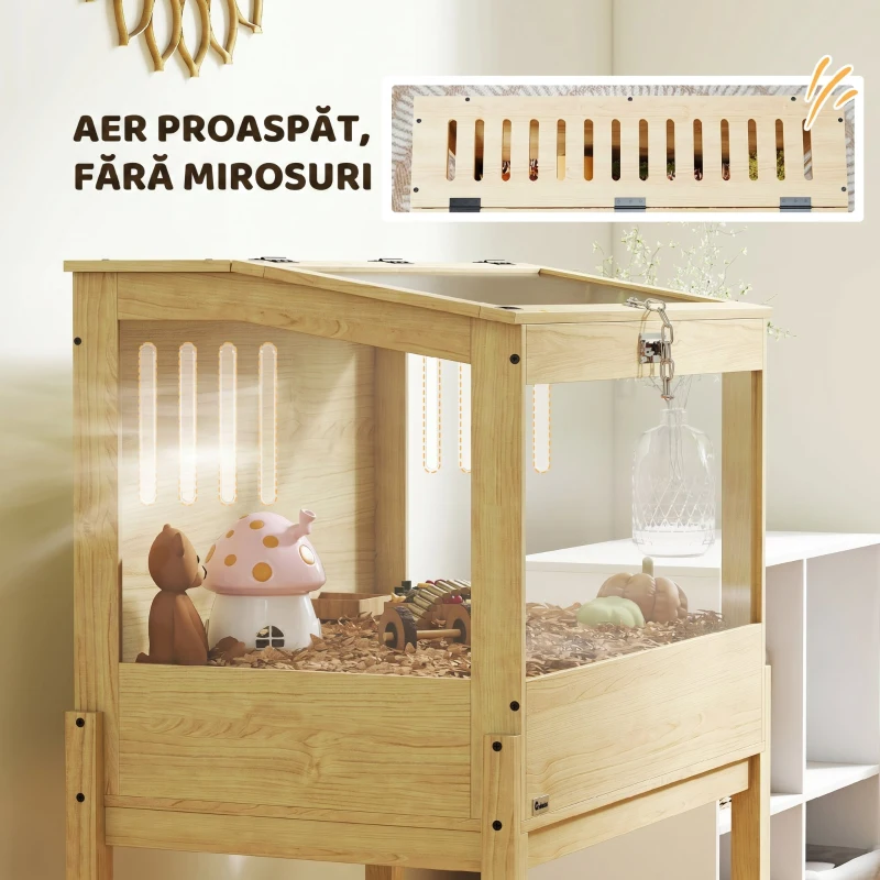 PawHut Cușcă pentru hamster din lemn înaltă cu raft de depozitare capac deschis 83,2 x 50 x 103 cm efect de lemn natural