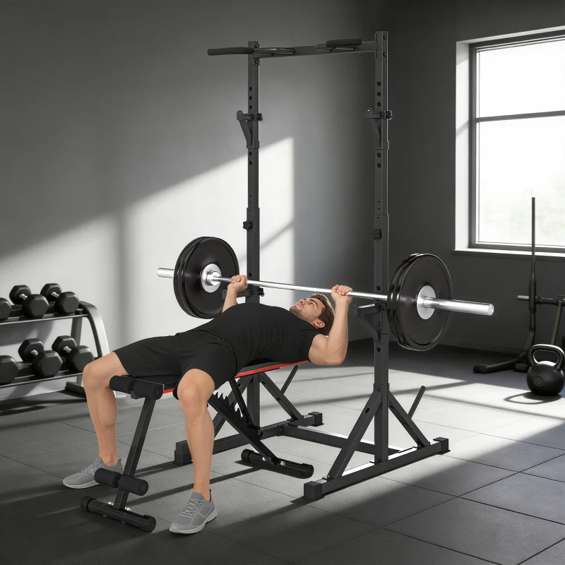 SPORTNOW Rack pentru genuflexiuni reglabil cu suport dublu, suport pentru discuri și bară pentru tracțiuni, din oțel, 112-100x201-217 cm, negru