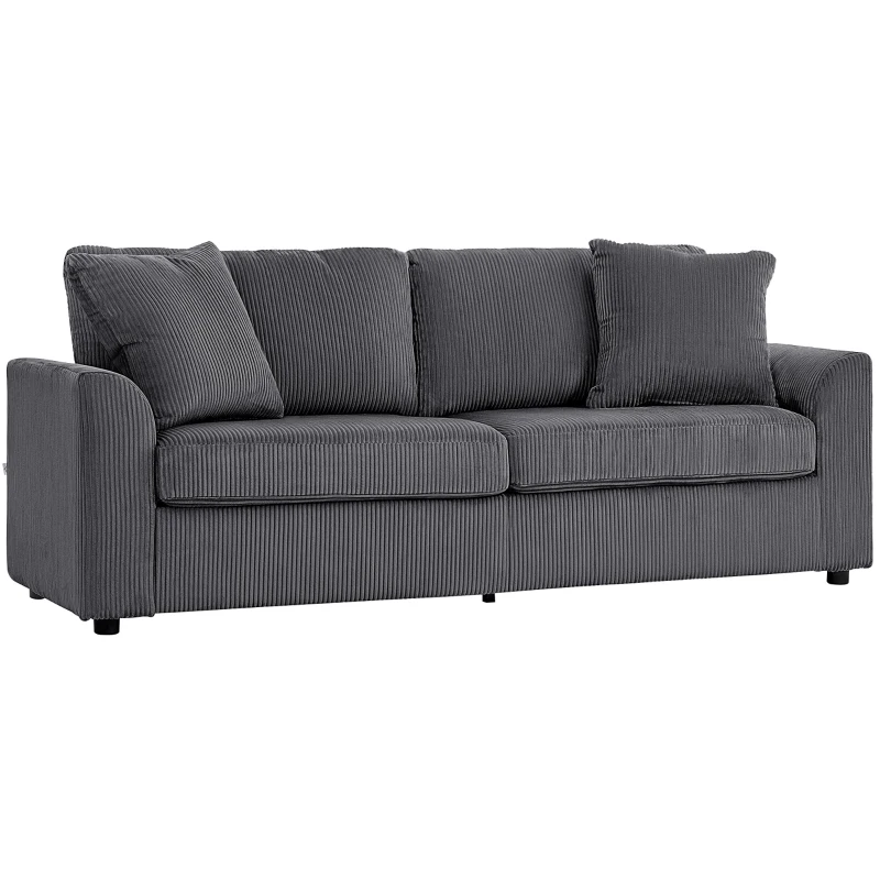 HOMCOM Canapé 3 places 212 cm avec 2 coussins à ressorts, tissu velours côtelé, pour salon, chambre, bureau à domicile, gris foncé