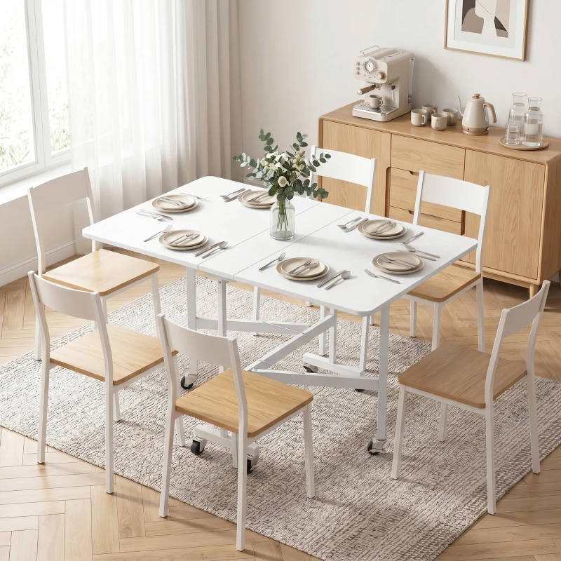 HOMCOM Table à Manger Pliante sur Roulettes pour 4-6 Personnes 120 cm, Roues avec Freins, 2 Abattants, Style Industriel, Blanc
