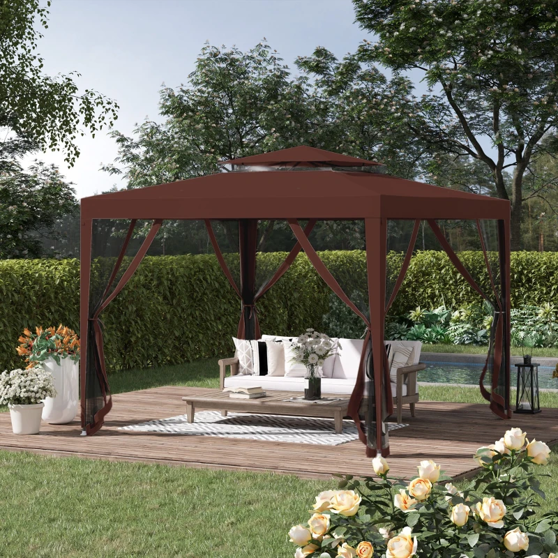 Outsunny Carpa de Jardín 3x3 m Cenador Gazebo con 4 Mosquiteras Laterales Techo Doble 8 Orificios de Drenaje Marco de Metal Marrón