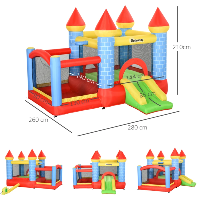 Outsunny opblaasbaar springkasteel met glijbaan voor 3 kinderen springkasteel met blazer speelkasteel, rood, blauw, groen 280 x 260 x 210 cm