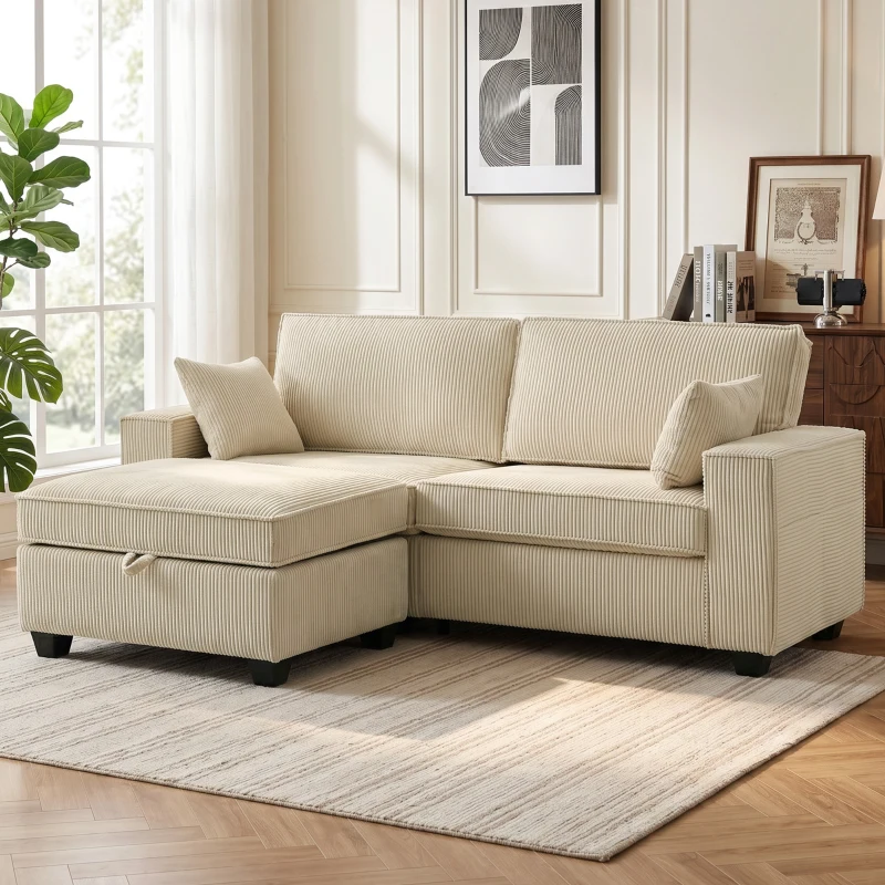 HOMCOM Canapé 3 Places avec Pouf de Rangement, Canapé d'Angle en Velours Côtelé, Assise Large, 2 Coussins, Beige