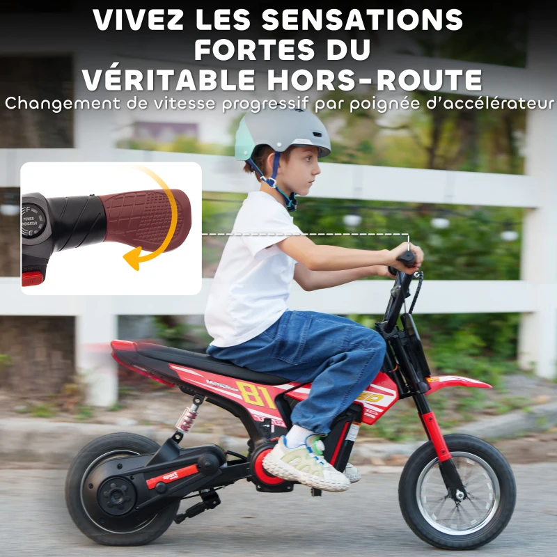 AIYAPLAY Moto électrique enfants 24V, moteur 250W, vitesse 6,4-16 km/h, pour enfants 8-12 ans, suspension arrière, rouge