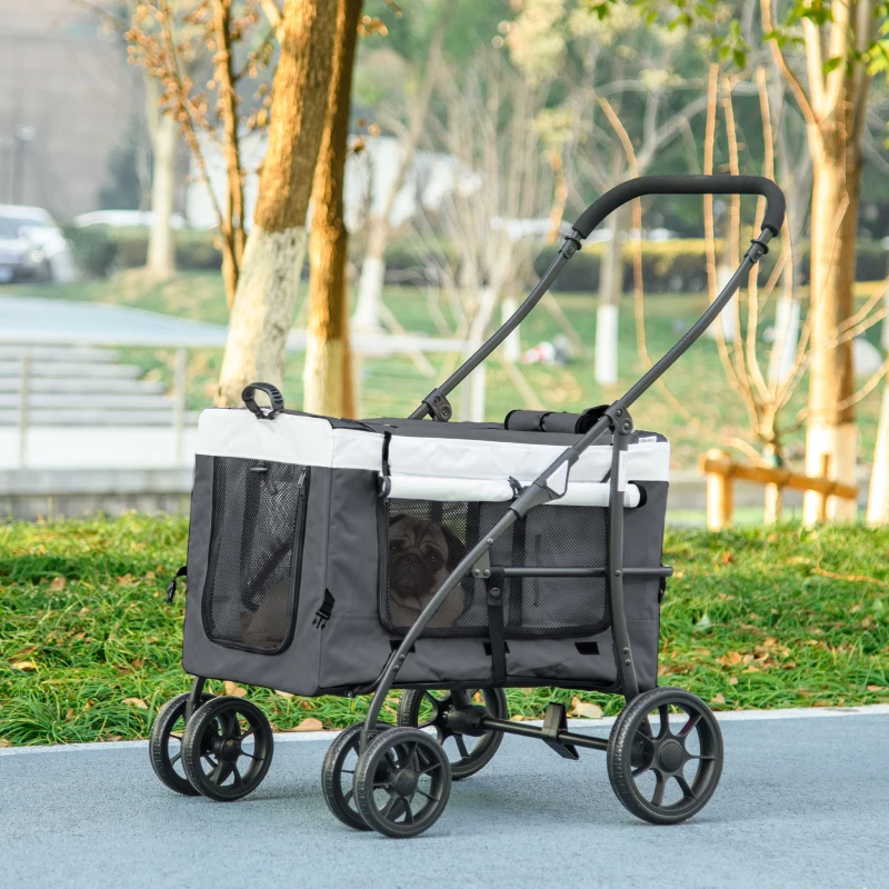 PawHut Cochecito para Perros Pequeños Plegable Cochecito para Mascotas con Vagón Desmontable 4 Puertas con Cremallera Gris