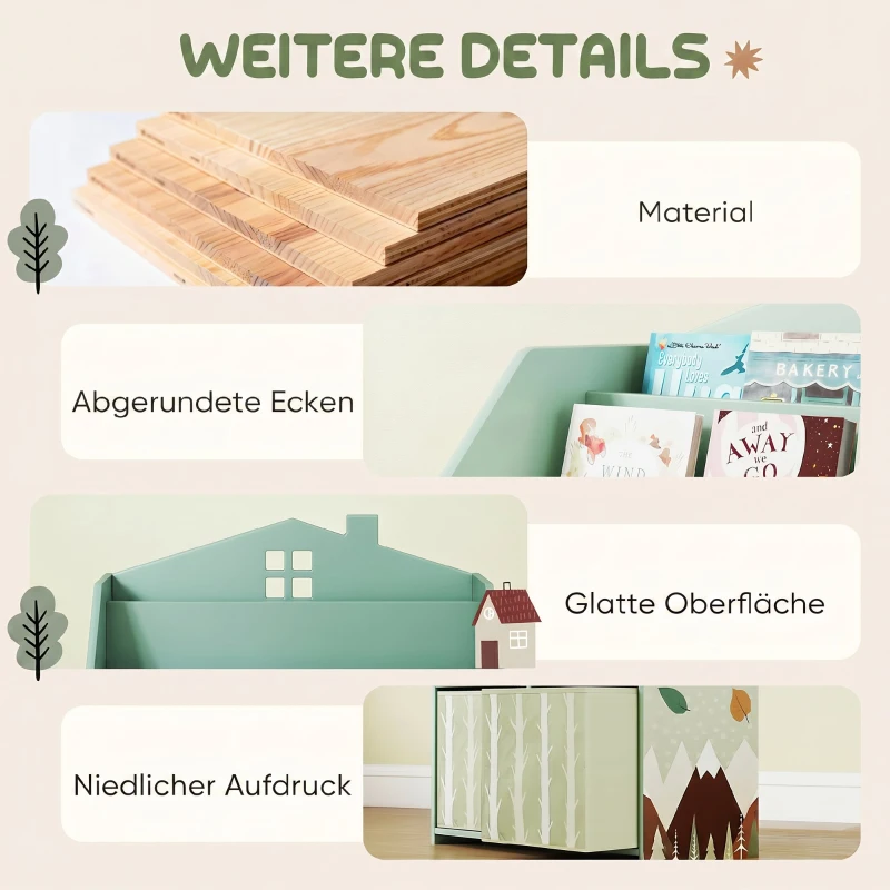 AIYAPLAY Kinderregal Bücherregal Kinder mit 2 Stoffschubladen offen Regal für 3-8 Jahre 62,5x30x91,5 cm Grün