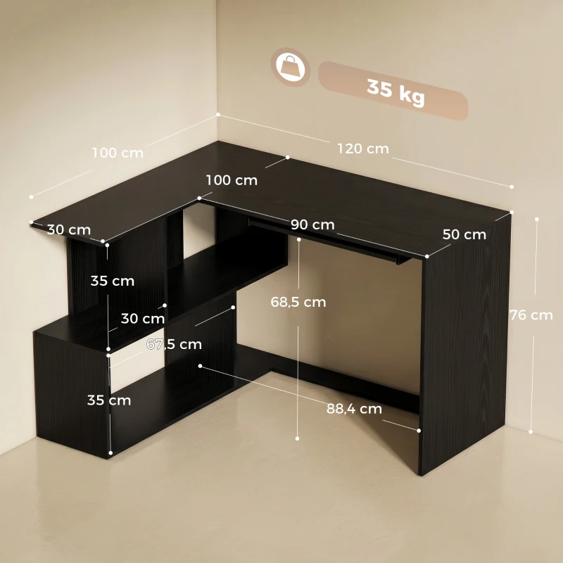HOMCOM Bureau d'Angle, 120 x 100 x 76 cm, Bureau Informatique en L avec Plateau de Clavier, 4 Compartiments Ouverts, Noir
