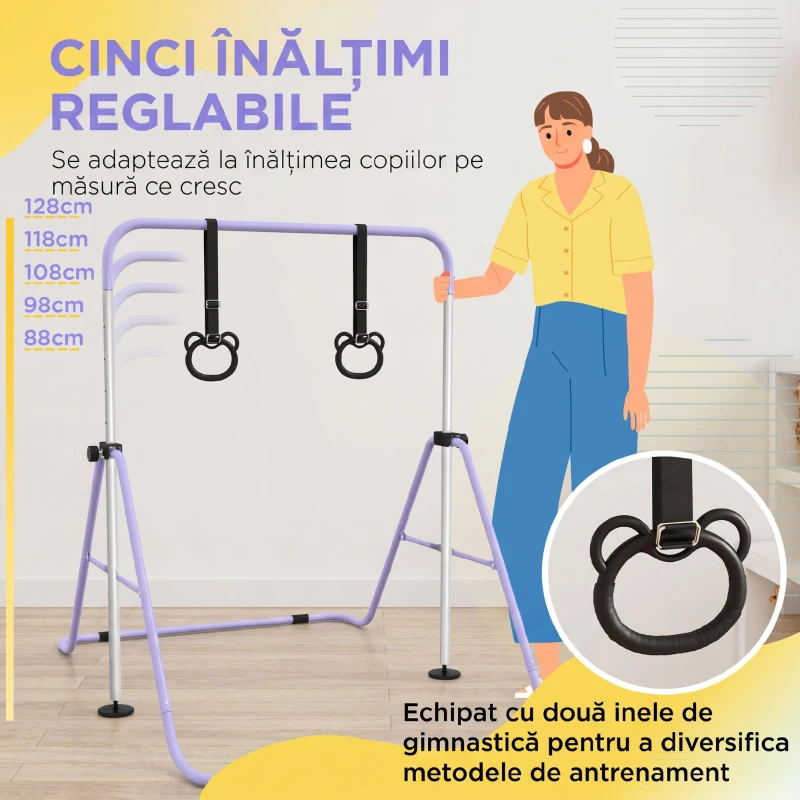 HOMCOM Bară Gimnastică Artistică pentru Copii Reglabilă cu 2 Inele, din Oțel, 148 x 105 x 128 cm, Mov