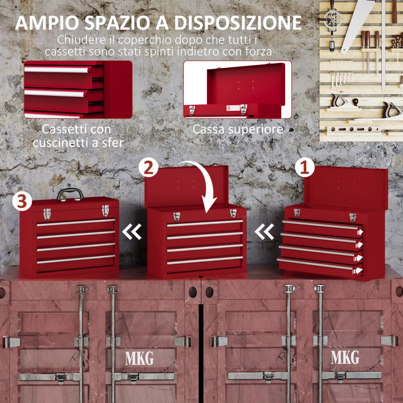 DURHAND Cassetta Porta Attrezzi in Acciaio con 4 Cassetti, Vassoio Superiore a Doppia Serratura, 51x22x39.5 cm, Rosso