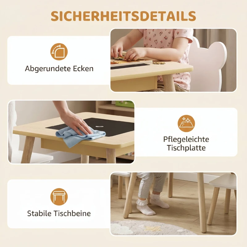 AIYAPLAY Kindertisch mit 2 Stühlen, Kindersitzgruppe mit Stauraum bärförmiger Rückenlehne für 3-6 Jahre Kinder, Naturholz