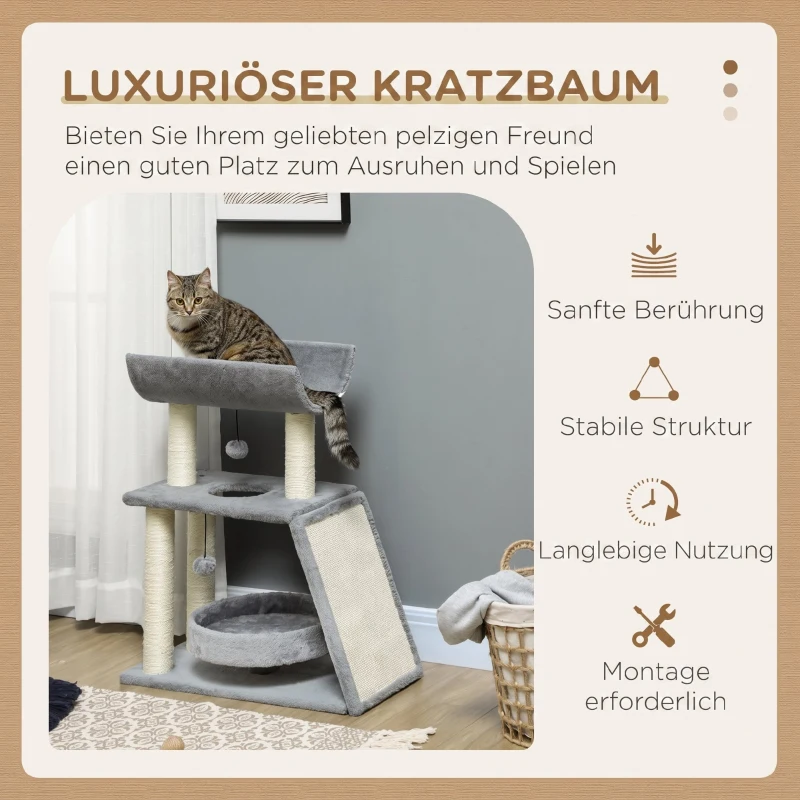 PawHut Kratzbaum Katzenbaum, inkl. Spielzeug und Katzenbett, 60 cm x 30 cm x 76 cm, Hellgrau