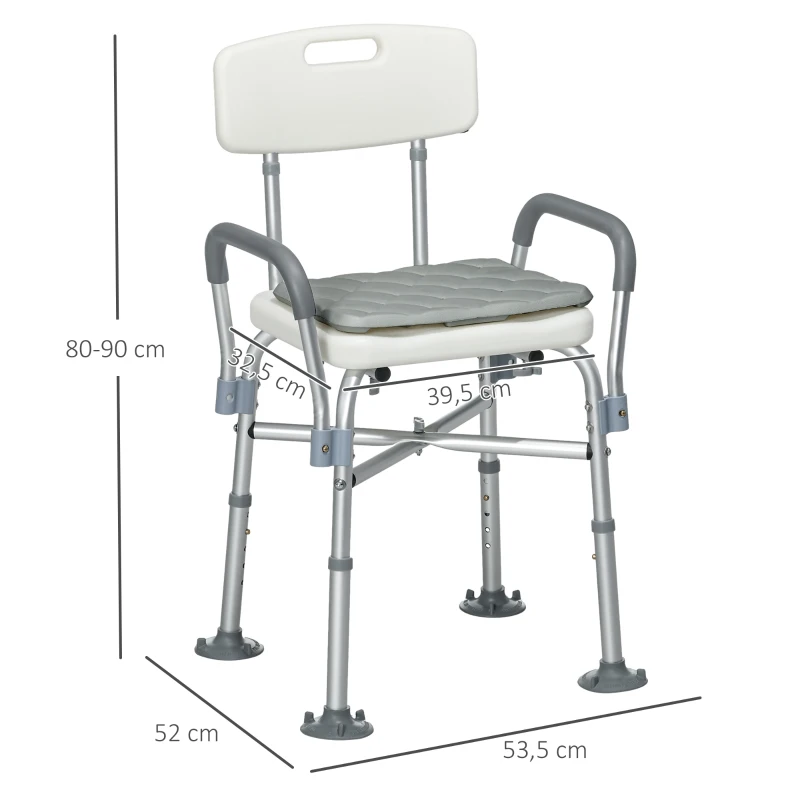 HOMCOM Tabouret de Douche Réglable en Hauteur à 5 Niveaux, Chaise de Douche, Accoudoirs Rembourrés et Coussin Amovible, Gris
