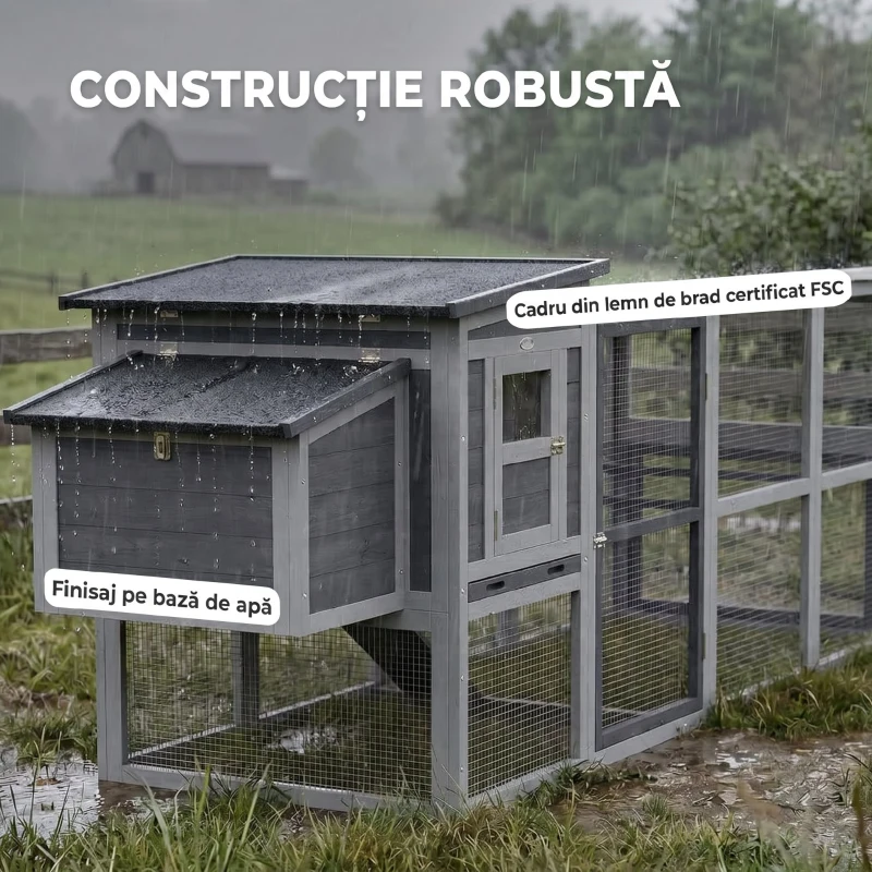 PawHut Cotet pentru găini Cotet pentru 3-4 găini cu țarc Cuibar Acoperiș din asfalt Husă Oxford Sertar glisant 264x82x89cm Gri