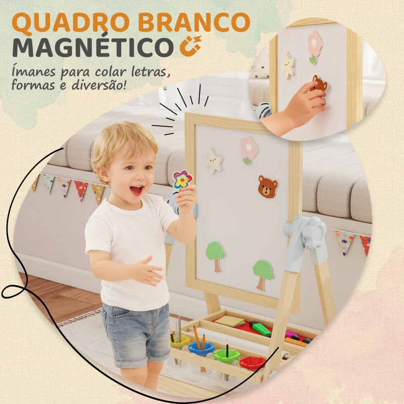 AIYAPLAY Cavalete Infantil com Altura e Ângulo Ajustáveis Dupla Face Quadro Branco Magnético e de Giz  48,5x46,5x70-97 cm Madeira