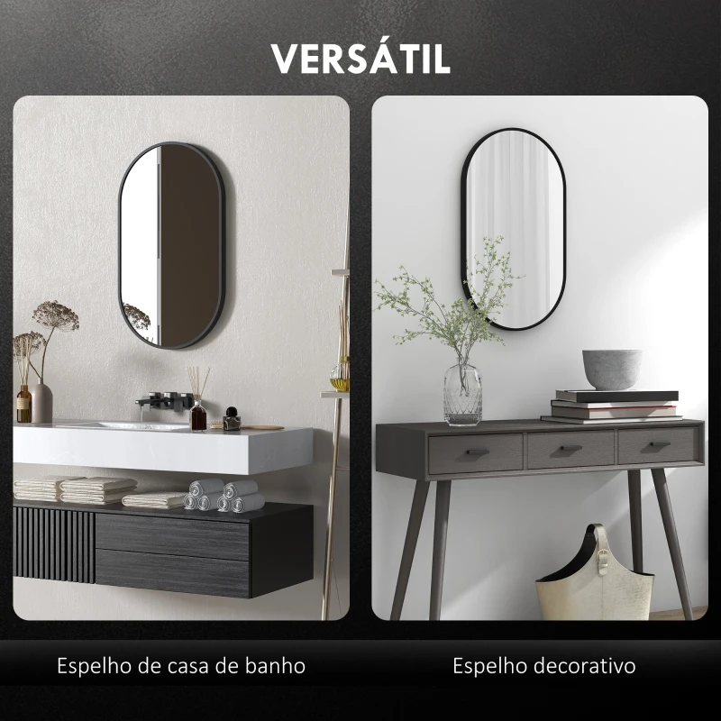 HOMCOM Espelho Casa de Banho Ovalado 60x90 cm Espelho Decorativo de Parede com Estrutura de Alumínio para Sala Corredor Preto